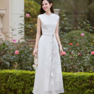 đầm thanh lịch màu kem cotton gân gladiolus dress