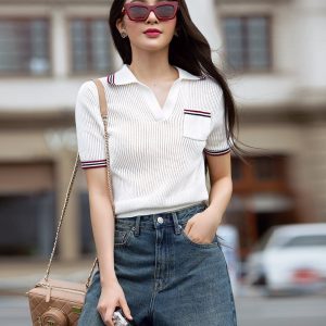 áo len cổ bẻ 3 sọc dệt kim màu beige luna closet